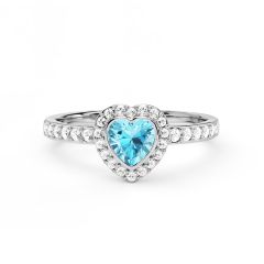 Halo Heart Statement Ring Aquamarine Crystals Rhodium Plated