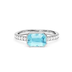 Solitaire Petite Octagon Ring Aquamarine Crystals Rhodium Plated