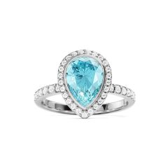 Halo Teardrop Statement Ring Aquamarine Crystals Rhodium Plated