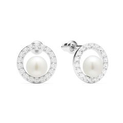 Halo Freshwater Pearl Stud Earrings Freshwater Pearl Rhodium Plated