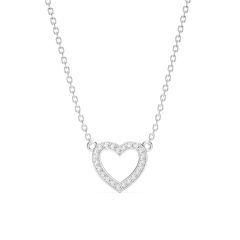 Open Heart Necklace Clear Crystals Rhodium Plated