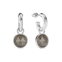 Round Rose Cut Grey Moonstone Drop Earrings Rhodium Plated