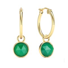 Round Rose Cut Green Onyx 18mm Hoop Drop Earrings Gold Plated