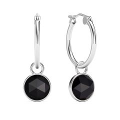 Round Rose Cut Black Onyx 18mm Hoop Drop Earrings Rhodium Plated