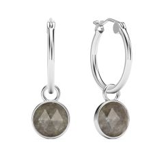 Round Rose Cut Grey Moonstone 18mm Hoop Drop Earrings Rhodium Plated