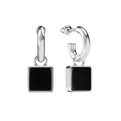 Square Black Onyx Drop Earrings Rhodium Plated